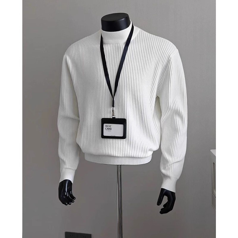 boy Boy Boy White Ribbed Half Turtleneck Sweater For Men, Autumn Winter, Lazy High-End Feel, Cleanfit American Style, Regular_voghion.com