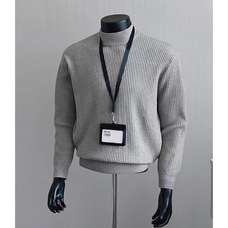 boy Boy Boy White Ribbed Half Turtleneck Sweater For Men, Autumn Winter, Lazy High-End Feel, Cleanfit American Style, Regular_voghion.com