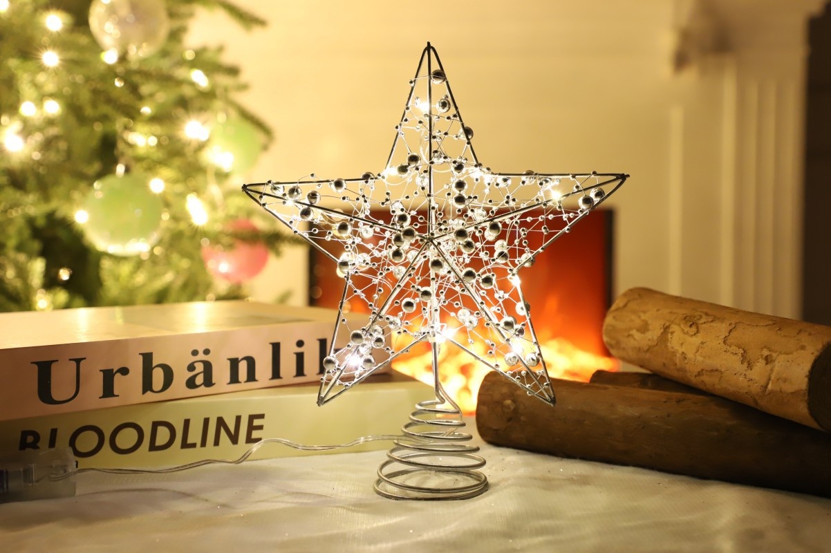 Étoile de Noël Lillian 20 cm 3D saupoudrée de poudre, petite étoile à cinq branches, accessoire de décoration pour sapin._voghion.com