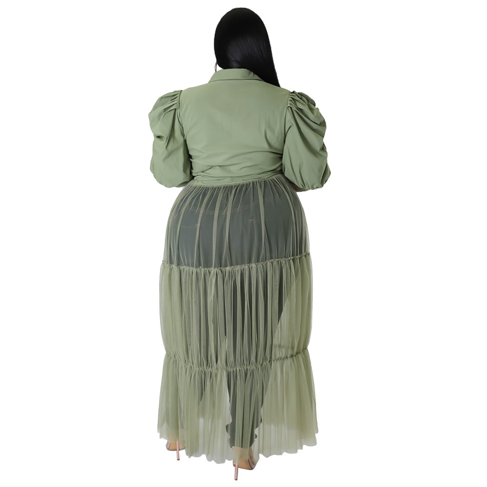 ChicShe N7681 Autumn Style European And American Solid Color Shirt Top Tie-Up Sheer Sexy Mesh Plus Size Dress_voghion.com
