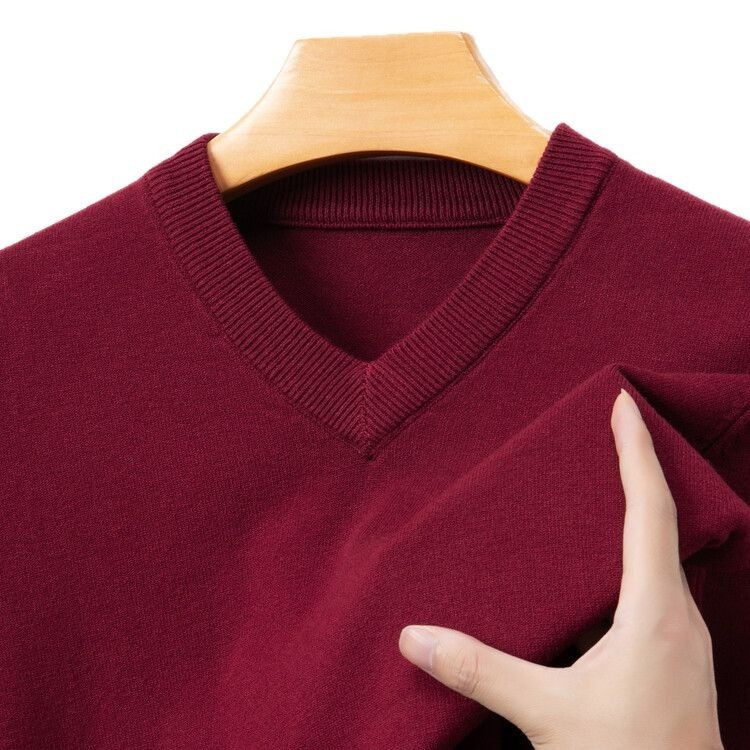 Maglione da uomo in maglia con scollo a V, 100% lana primaverile e autunnale, per la mezza età, caldo e comodo_voghion.com
