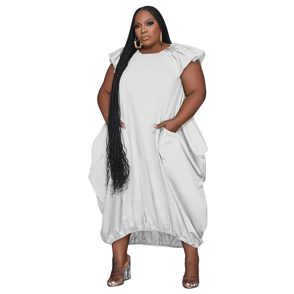 ChicShe N7834 Cross-Border Source European And American Fashion Plus Size Women's Solid Color Double Pocket Loose Dress_voghion.com