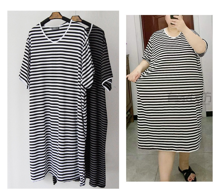 ChicShe Plus Size 100kg 150kg Fat M Estate A Righe Largo Manica Corta Abito Lavorato a Maglia di Media Lunghezza Camicia da Notte Loungewear_voghion.com