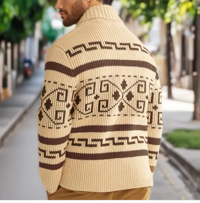 Herrenmode Herbst und Winter: Lässige Strickjacke mit Umlegekragen, langen Ärmeln und schmaler Passform, Jacquard-Strickmuster_voghion.com