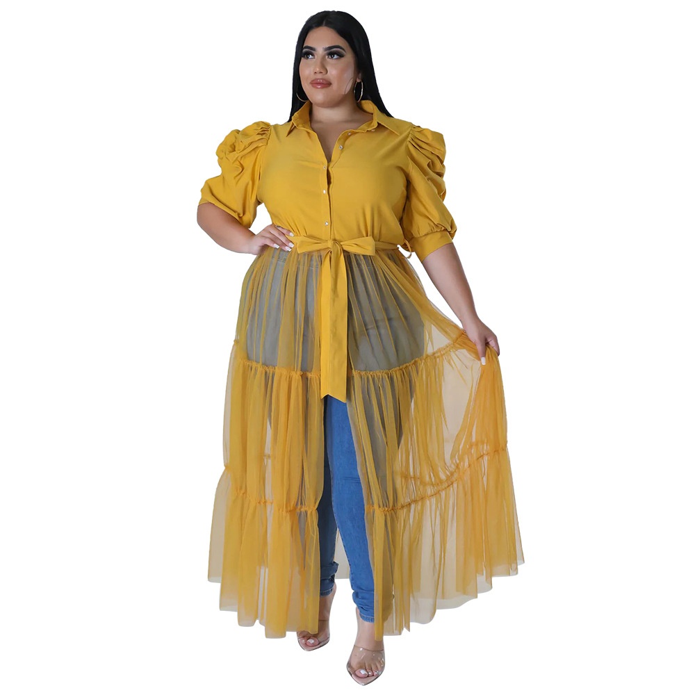 ChicShe N7681 Autumn Style European And American Solid Color Shirt Top Tie-Up Sheer Sexy Mesh Plus Size Dress_voghion.com