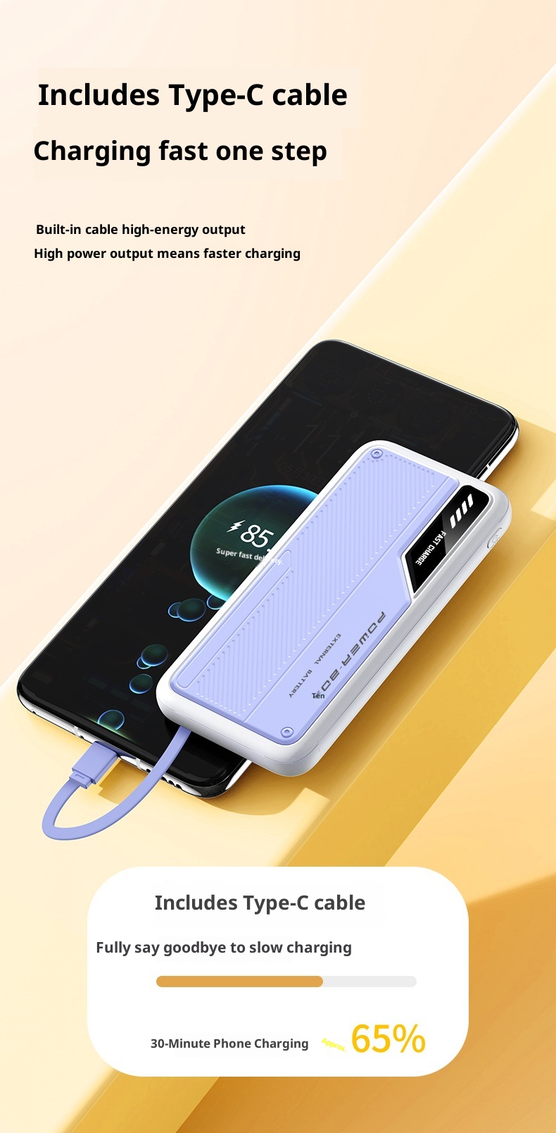techglobe 66W Fast Charging 10000mAh 20000mAh Built-in Cable New Model Bank Ultra-thin Portable Mobile Power Supply Wholesale_voghion.com