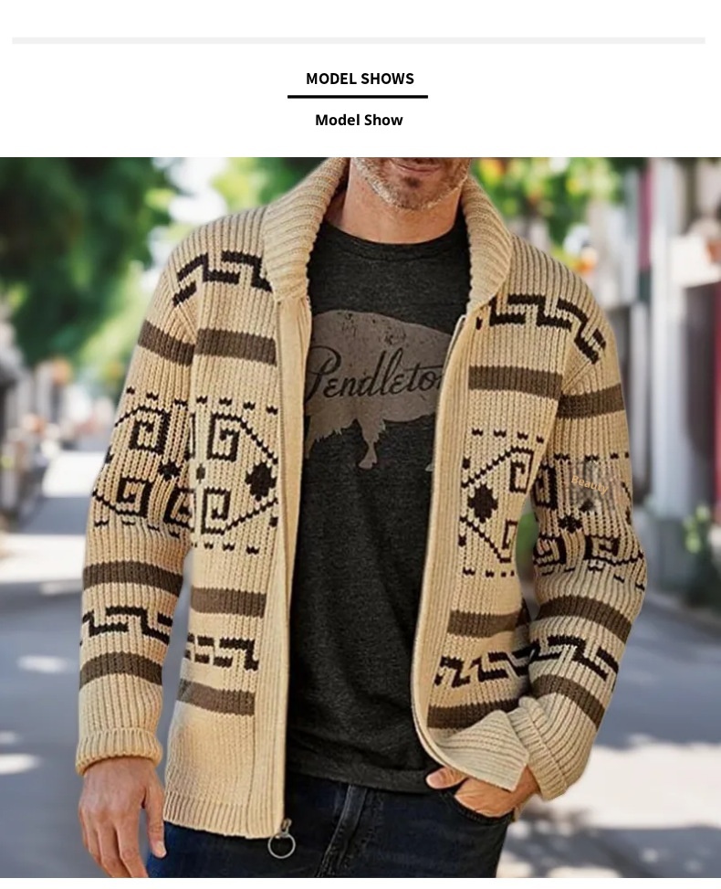 Herrenmode Herbst und Winter: Lässige Strickjacke mit Umlegekragen, langen Ärmeln und schmaler Passform, Jacquard-Strickmuster_voghion.com