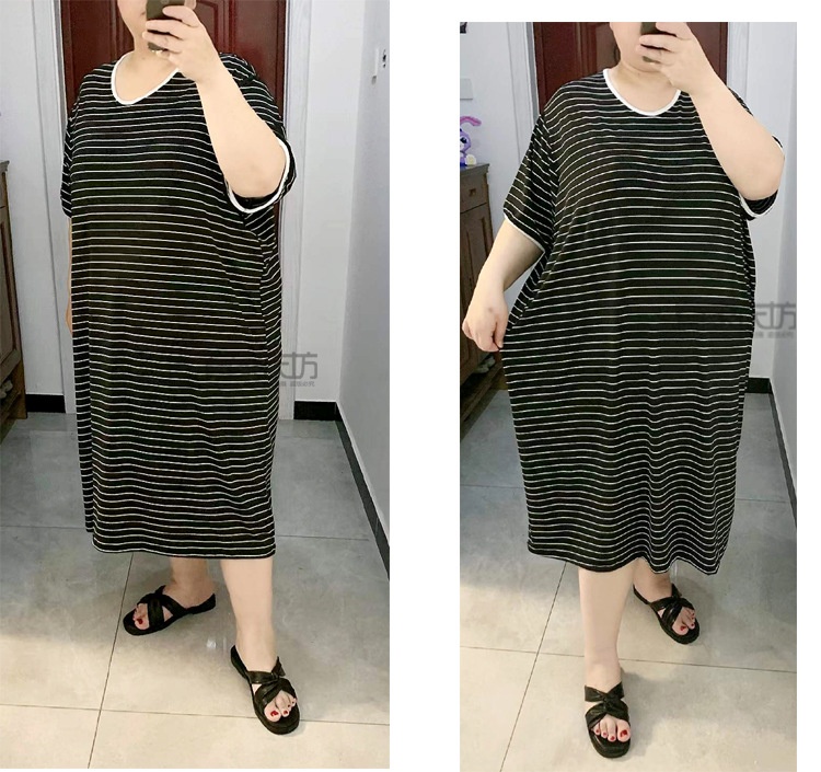 ChicShe Plus Size 100kg 150kg Fat M Estate A Righe Largo Manica Corta Abito Lavorato a Maglia di Media Lunghezza Camicia da Notte Loungewear_voghion.com