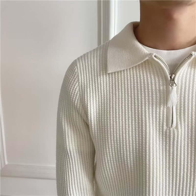 boy Boy Boy British Style Men's Long Sleeve Half-Zip Polo Collar Knitted Pullover Waffle Fabric Slim Fit Solid Color Sweater_voghion.com