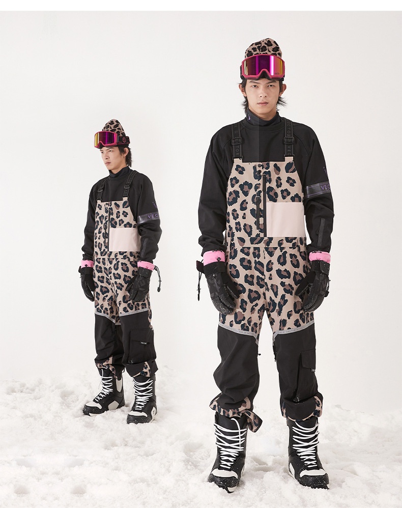 001 VECTOR Overalls Ski Leopard Print Color Block Warm Waterproof Windproof New Sports Outdoor Suspender Pants_voghion.com