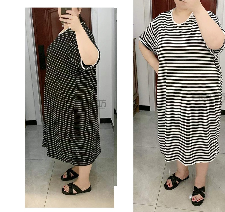 ChicShe Plus Size 100kg 150kg Fat M Estate A Righe Largo Manica Corta Abito Lavorato a Maglia di Media Lunghezza Camicia da Notte Loungewear_voghion.com