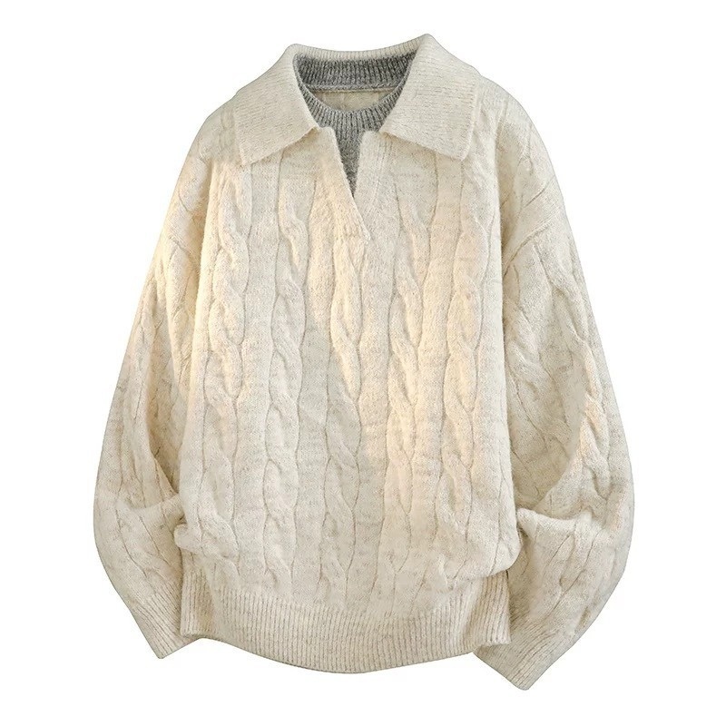 Maglione pullover in maglia a trecce con colletto rovesciato, da uomo, in due pezzi, stile pigro, con scollo a V, per autunno e inverno_voghion.com