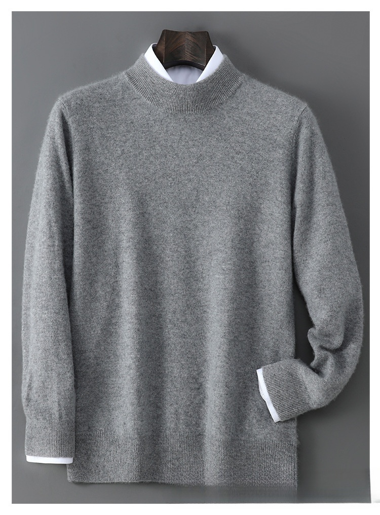 boy Boy Boy Autumn Winter New 100% Pure Wool Men's Half Turtleneck Knitted Pullover Casual Loose Base Cashmere Sweater_voghion.com