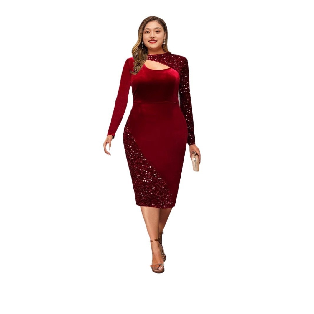 ChicShe 2024 New Sequin Patchwork Velvet Irregular Plus Women's Dress Extra Large Size_voghion.com