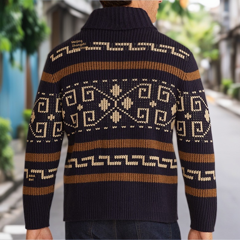 Herrenmode Herbst und Winter: Lässige Strickjacke mit Umlegekragen, langen Ärmeln und schmaler Passform, Jacquard-Strickmuster_voghion.com