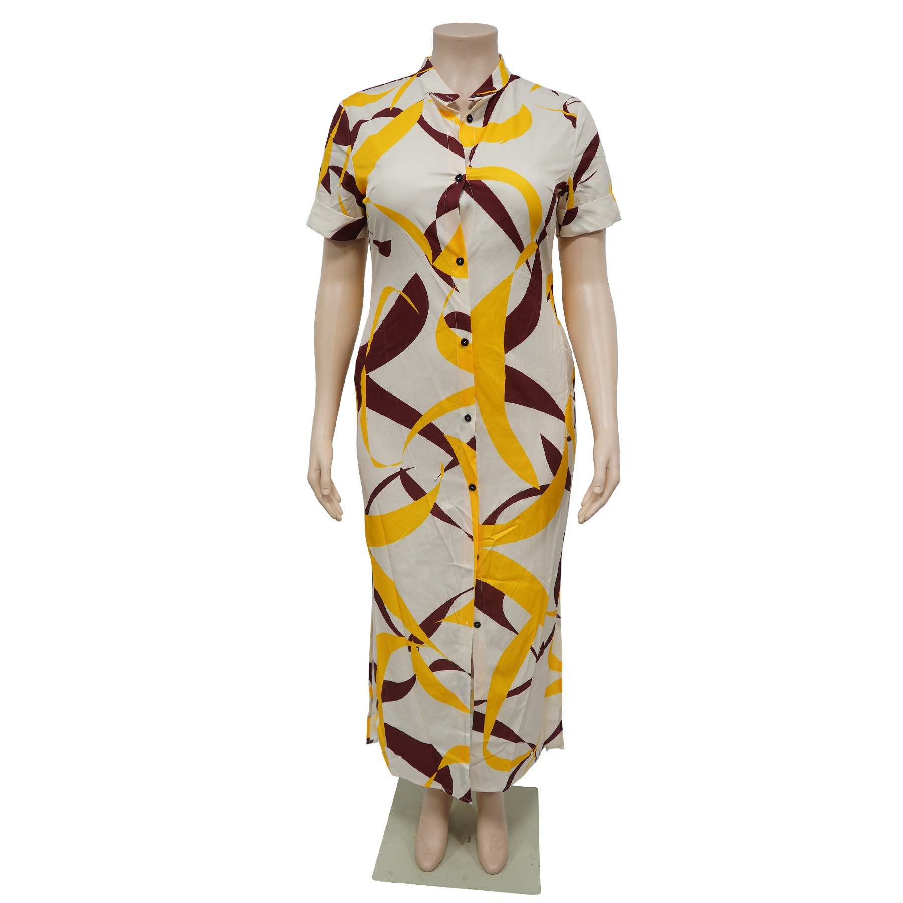 ChicShe N7976 Cross-Border European And American Stand Collar Elegant Waist-Cinching Split Shirt Long Plus Size Dress_voghion.com