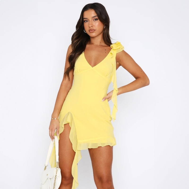 ChicShe, abito estivo da donna con volant, sexy, sottile, decorato con fiori e spalline a V, stile europeo e americano, 2024_voghion.com