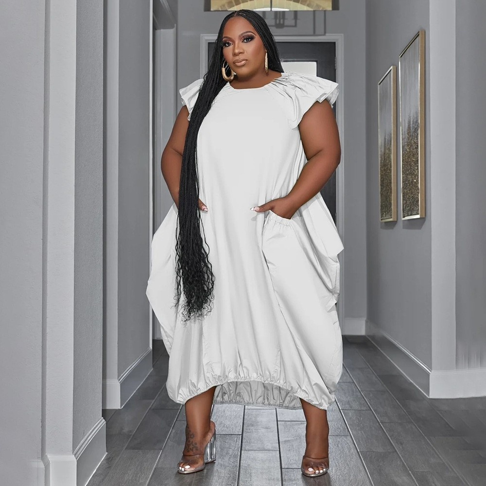 ChicShe N7834 Cross-Border Source European And American Fashion Plus Size Women's Solid Color Double Pocket Loose Dress_voghion.com