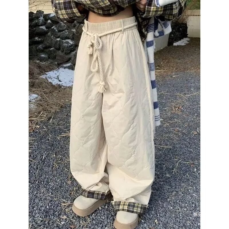 Pantalones de esquí holgados de algodón estilo americano, estilo informal, con cintura elástica, bloques de color, resistentes al viento y pernera ancha, para otoño e invierno._voghion.com