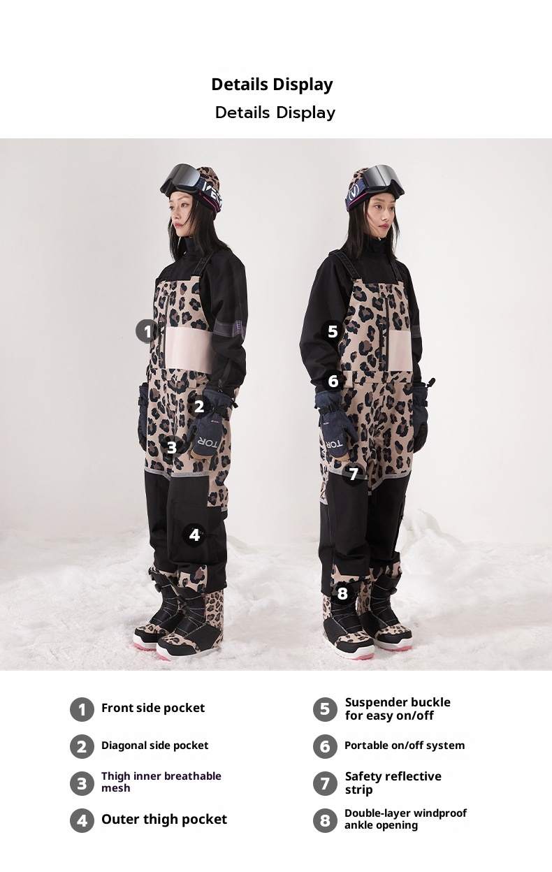 001 VECTOR Overalls Ski Leopard Print Color Block Warm Waterproof Windproof New Sports Outdoor Suspender Pants_voghion.com