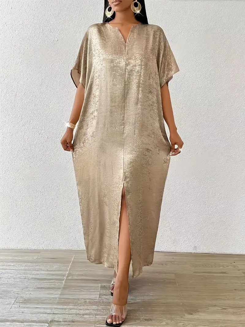 ChicShe Elegant Gold V-Neck Split Long Robe Dress High Waist Fashionable Temperament Plus Size Women's Clothing_voghion.com