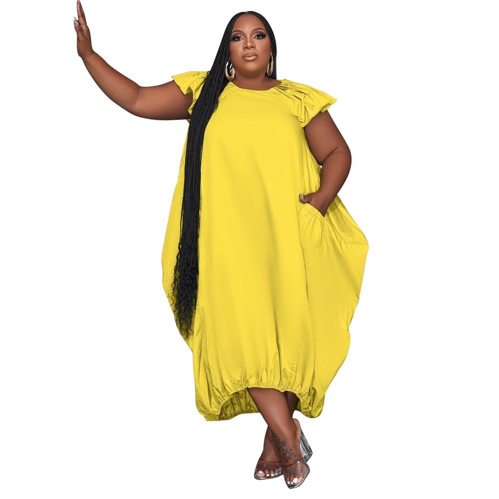 ChicShe N7834 Cross-Border Source European And American Fashion Plus Size Women's Solid Color Double Pocket Loose Dress_voghion.com