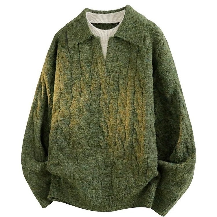 Maglione pullover in maglia a trecce con colletto rovesciato, da uomo, in due pezzi, stile pigro, con scollo a V, per autunno e inverno_voghion.com