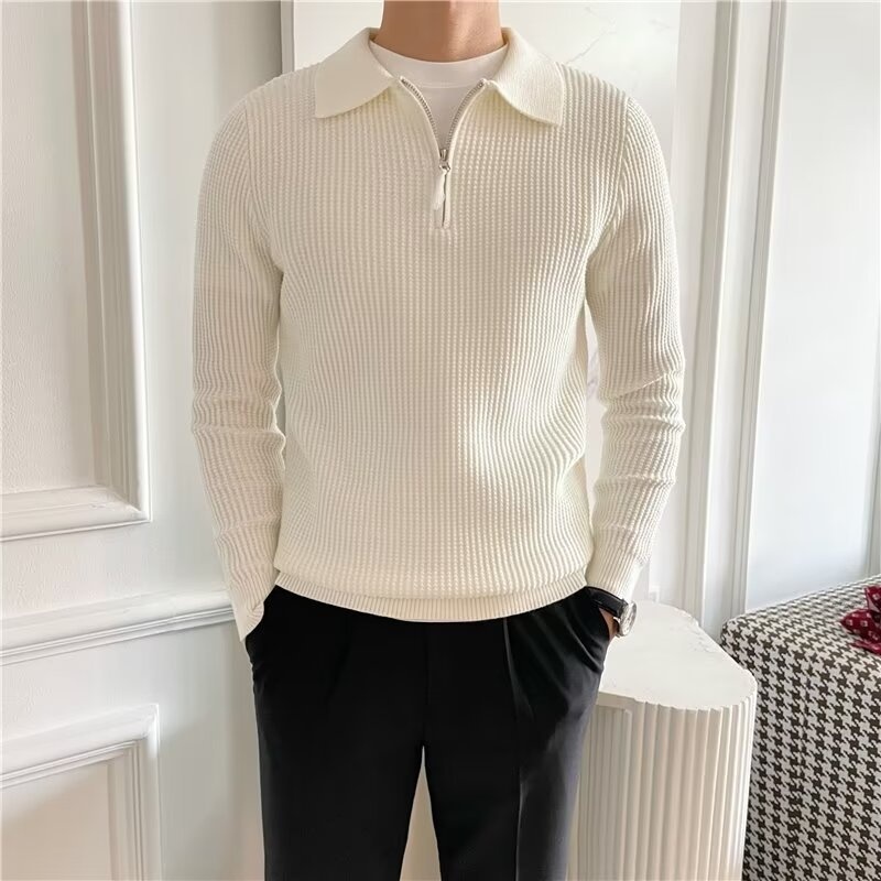 Maglione da uomo in stile britannico, a maniche lunghe, con mezza zip e colletto polo, in tessuto a nido d'ape, vestibilità slim, tinta unita_voghion.com