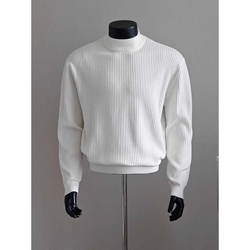 boy Boy Boy White Ribbed Half Turtleneck Sweater For Men, Autumn Winter, Lazy High-End Feel, Cleanfit American Style, Regular_voghion.com