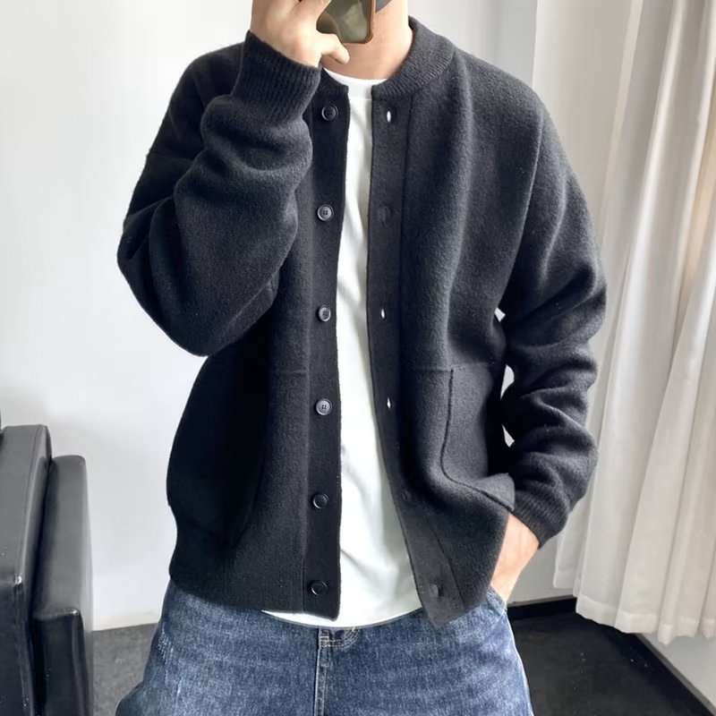 boy Boy Boy Japanese Wool Cardigan Men's Spring And Autumn Hong Kong Style Knitted Round Neck Jacket Simple Loose Thickened Sweater_voghion.com