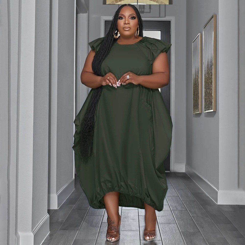 ChicShe N7834 Cross-Border Source European And American Fashion Plus Size Women's Solid Color Double Pocket Loose Dress_voghion.com