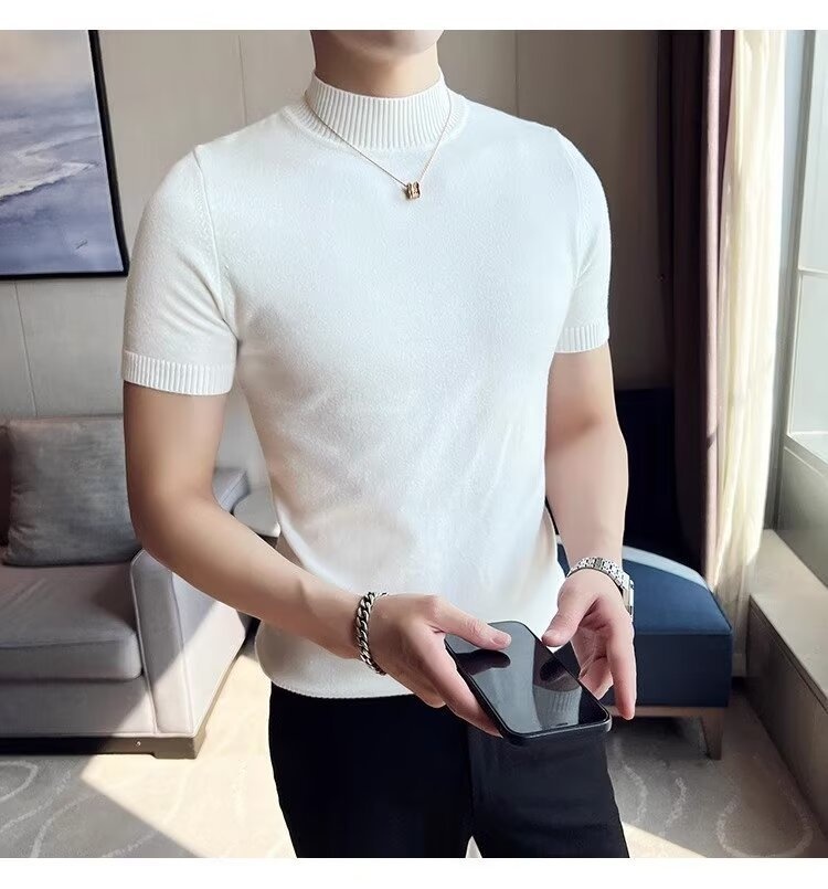 boy Boy Boy Autumn Winter Knit Short Turtleneck Slim Fit Inner Sweater Men's Half Sleeve Base Shirt Solid Color Warm Top_voghion.com