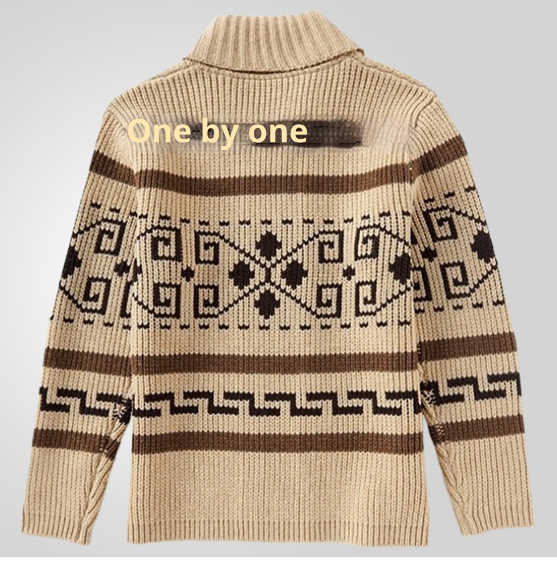 Herrenmode Herbst und Winter: Lässige Strickjacke mit Umlegekragen, langen Ärmeln und schmaler Passform, Jacquard-Strickmuster_voghion.com