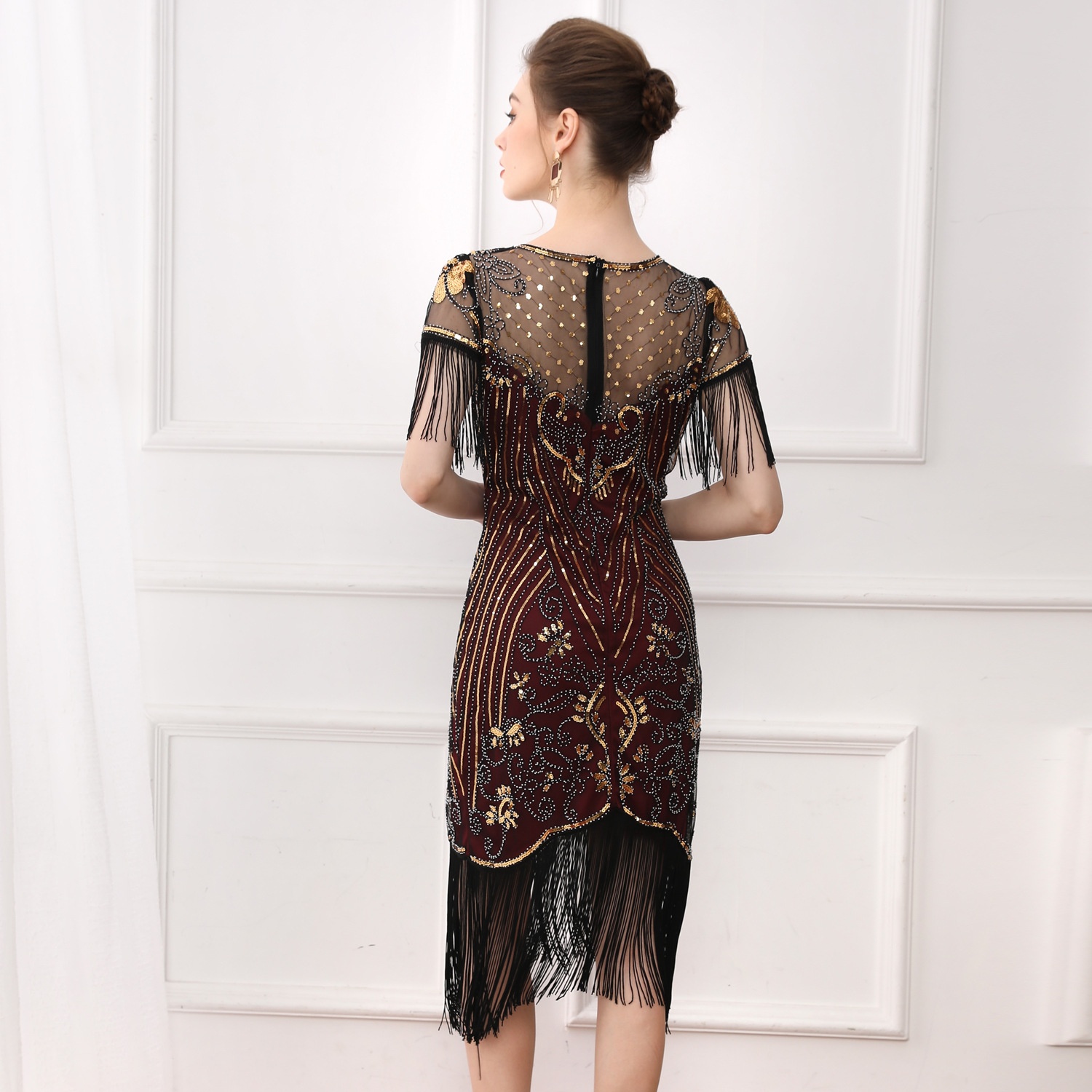 ChicShe 1920S Retro Ball Gown With Embroidery And Tassels, Cocktail Party Plus Size Sequin Beaded Mesh Dress_voghion.com