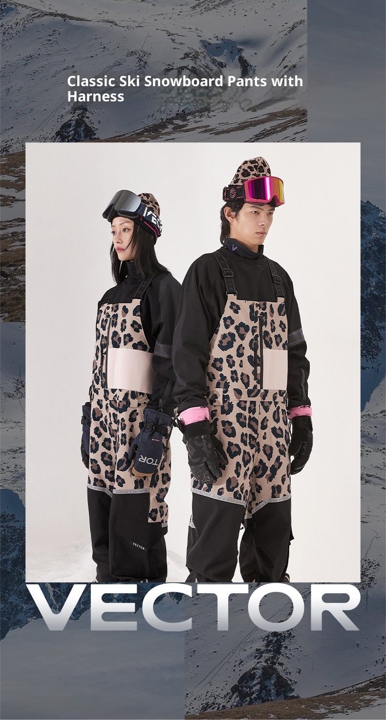 001 VECTOR Overalls Ski Leopard Print Color Block Warm Waterproof Windproof New Sports Outdoor Suspender Pants_voghion.com