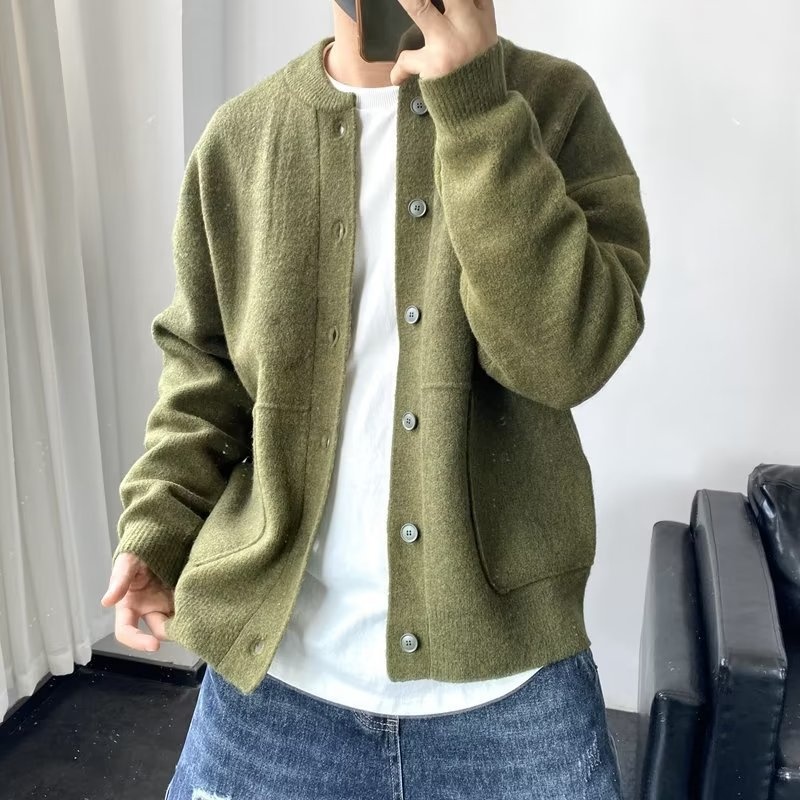 boy Boy Boy Japanese Wool Cardigan Men's Spring And Autumn Hong Kong Style Knitted Round Neck Jacket Simple Loose Thickened Sweater_voghion.com