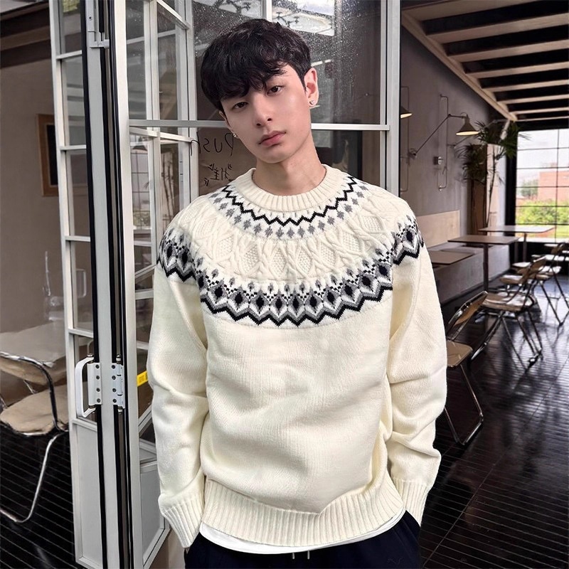 Maglione lavorato a maglia Fair Isle a trecce per uomo, maglia autunnale morbida e comoda, con strato interno Cleanfit_voghion.com