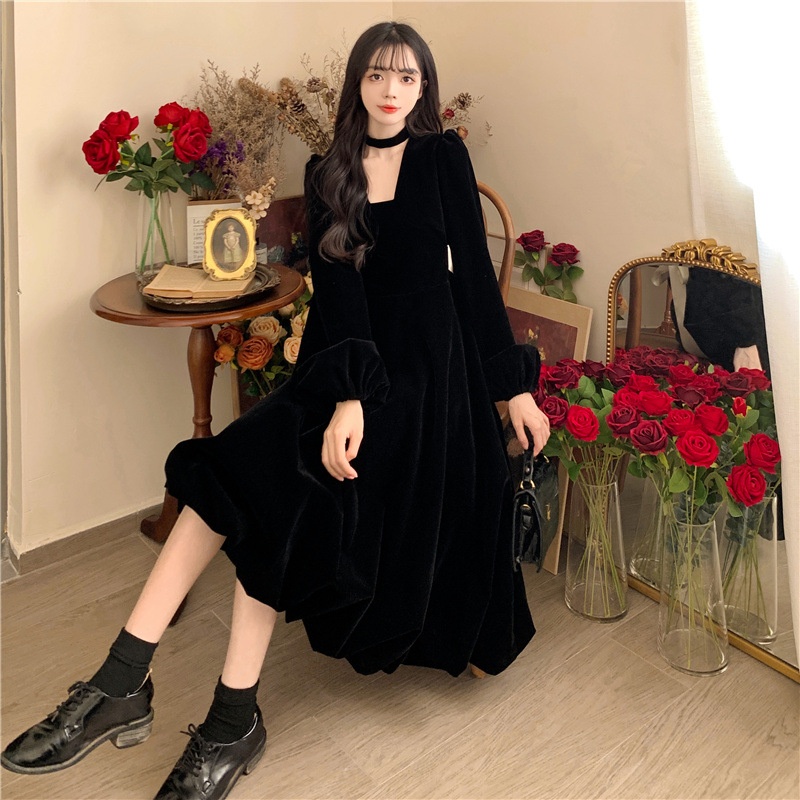 ChicShe 2023 Autumn Winter Plus Size Hepburn Versatile Waist-Tie Bow French High-End Velvet Slimming Dress_voghion.com