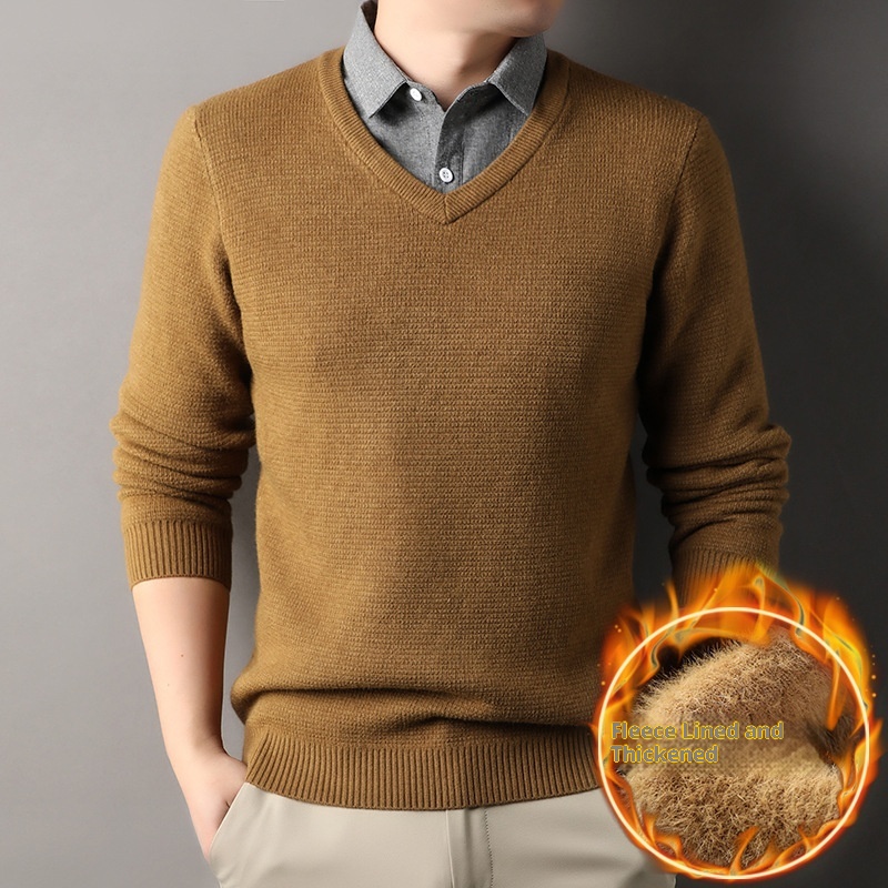 boy Boy Boy Fleece-Lined Men's Two-Piece Shirt Collar 2025 Autumn Winter New Thickened Knitted Sweater For Men_voghion.com