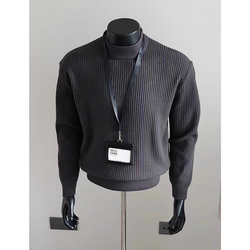 boy Boy Boy White Ribbed Half Turtleneck Sweater For Men, Autumn Winter, Lazy High-End Feel, Cleanfit American Style, Regular_voghion.com