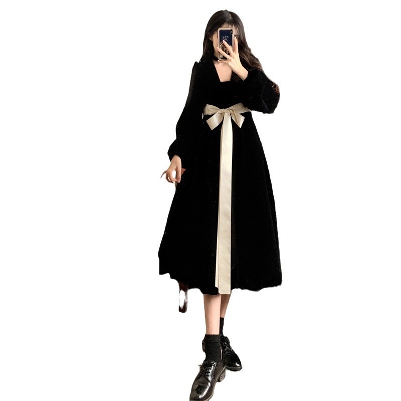 ChicShe 2023 Autumn Winter Plus Size Hepburn Versatile Waist-Tie Bow French High-End Velvet Slimming Dress_voghion.com