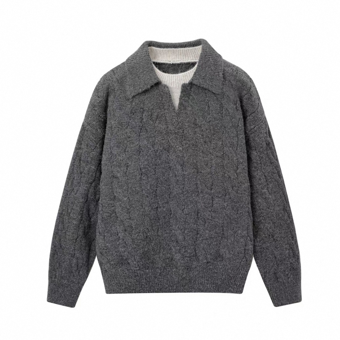 Maglione pullover in maglia a trecce con colletto rovesciato, da uomo, in due pezzi, stile pigro, con scollo a V, per autunno e inverno_voghion.com