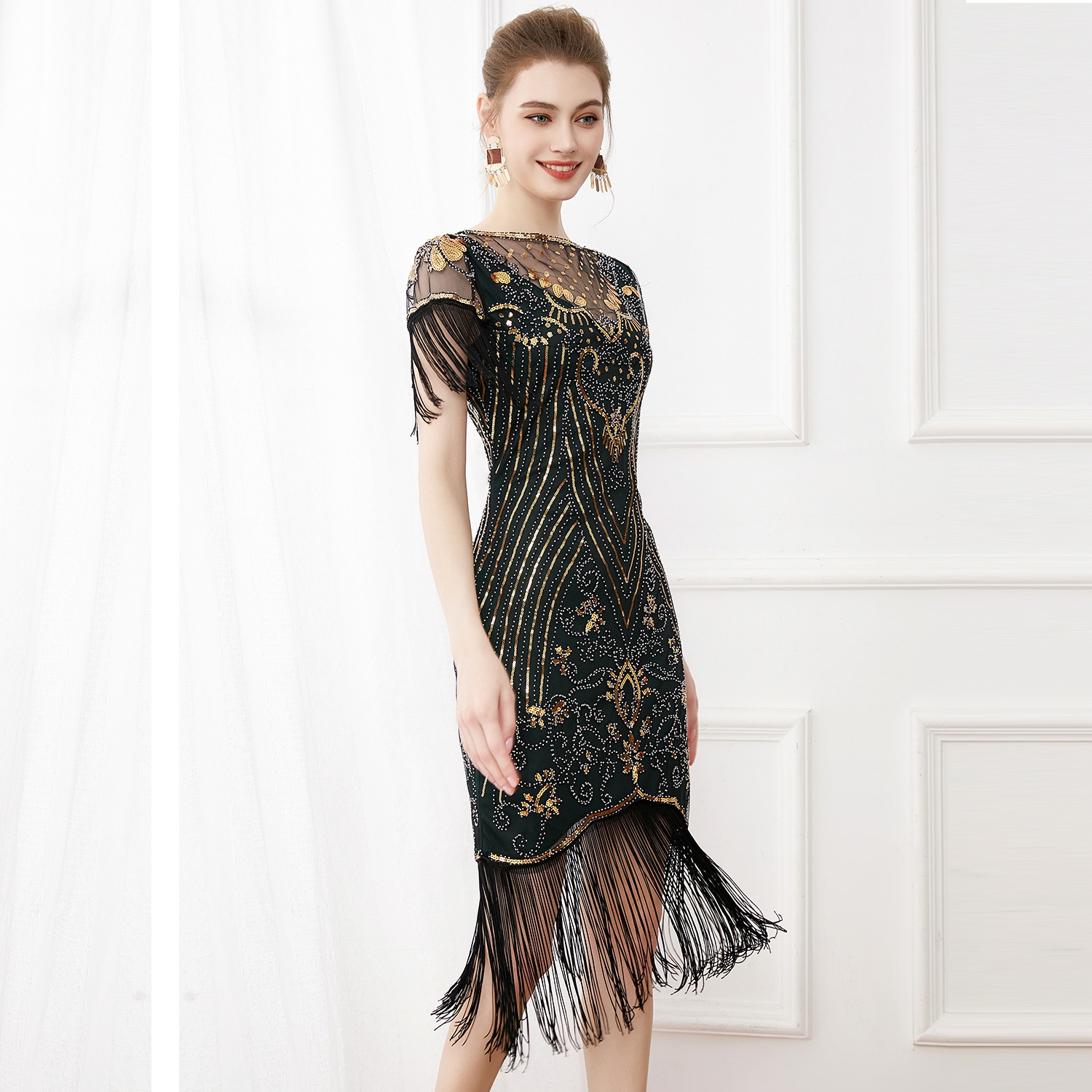 ChicShe 1920S Retro Ball Gown With Embroidery And Tassels, Cocktail Party Plus Size Sequin Beaded Mesh Dress_voghion.com