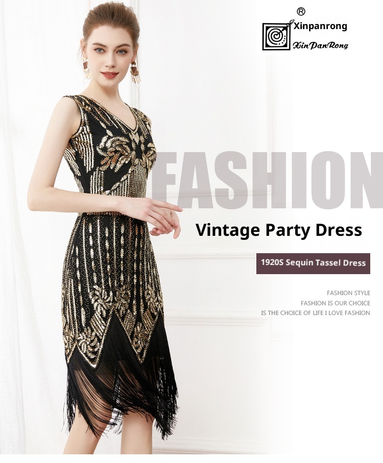 ChicShe European And American Retro Gatsby Ball Gown V-neck Sequin Beaded Embroidery Tassel Vest Plus Size Dress_voghion.com