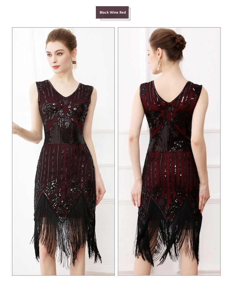 ChicShe European And American Retro Gatsby Ball Gown V-neck Sequin Beaded Embroidery Tassel Vest Plus Size Dress_voghion.com