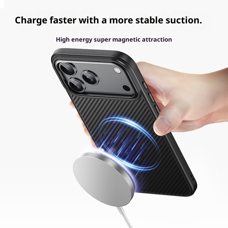 TechGlobe Kevlar Compatible IPhone 17 Pro Carbon Fiber Pattern Phone Invisible Magnetic Air Shockproof Protective Case_voghion.com