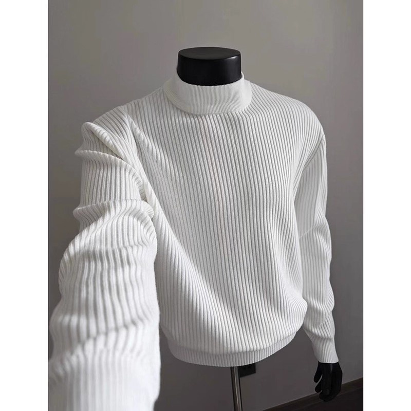 boy Boy Boy White Ribbed Half Turtleneck Sweater For Men, Autumn Winter, Lazy High-End Feel, Cleanfit American Style, Regular_voghion.com