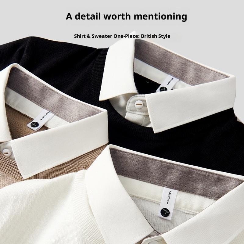 boy Boy Boy Two-Piece Kitted Autum Witer Custom Prited Shirt Collar Me's Ier Wear High-Ed Feel Top Base Sweater_voghion.com