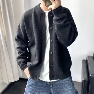 boy Boy Boy Japanese Wool Cardigan Men's Spring And Autumn Hong Kong Style Knitted Round Neck Jacket Simple Loose Thickened Sweater_voghion.com