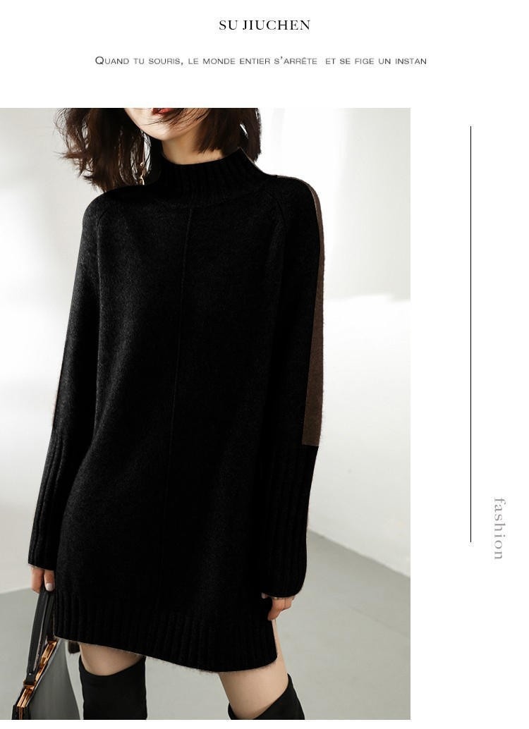 ChicShe, maglione a collo alto a blocchi di colore, autunno, da donna, di media lunghezza, ampio, taglie forti, in maglia, per abbigliamento esterno_voghion.com